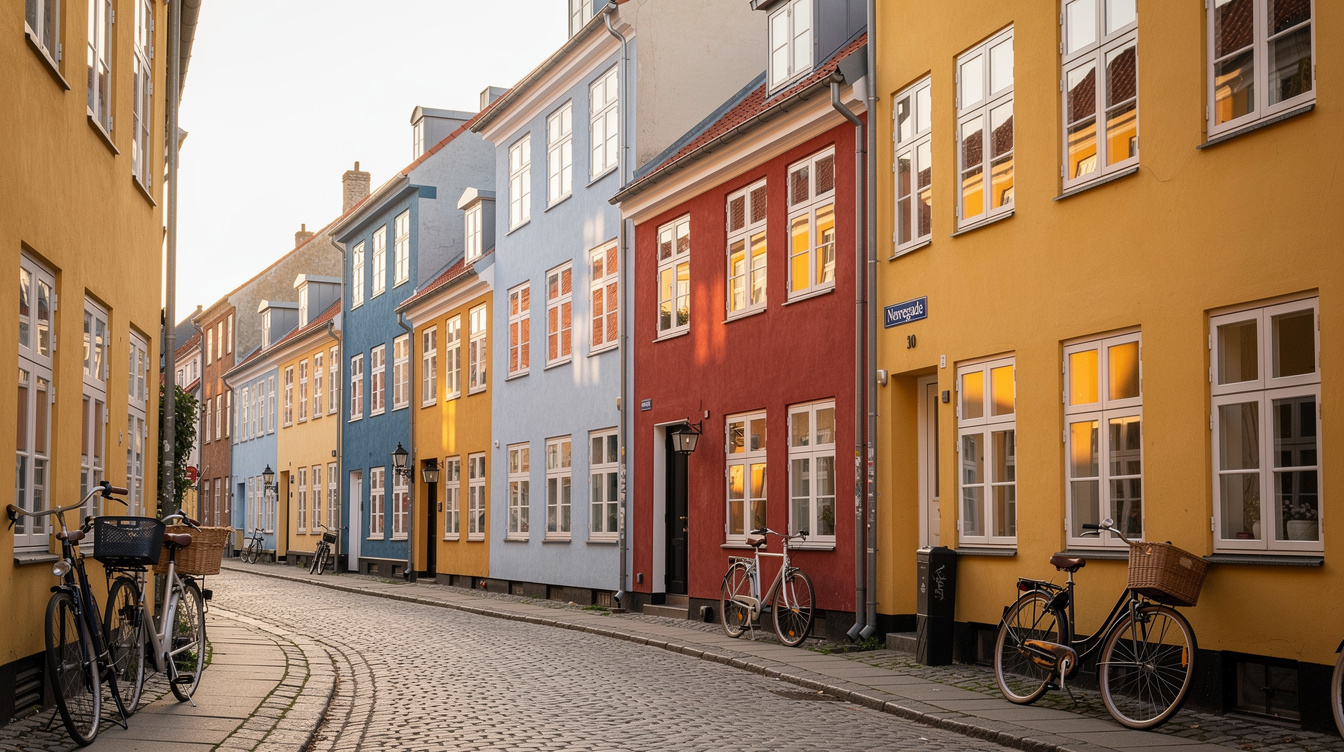 Colorful historic townhouses on a cobblestone street in a Danish neighborhood