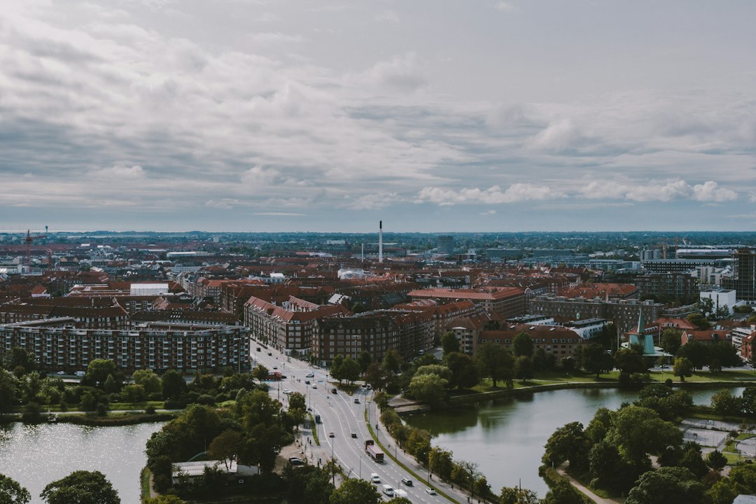 Aerial view of a Danish neighborhood with red rooftops in autumn