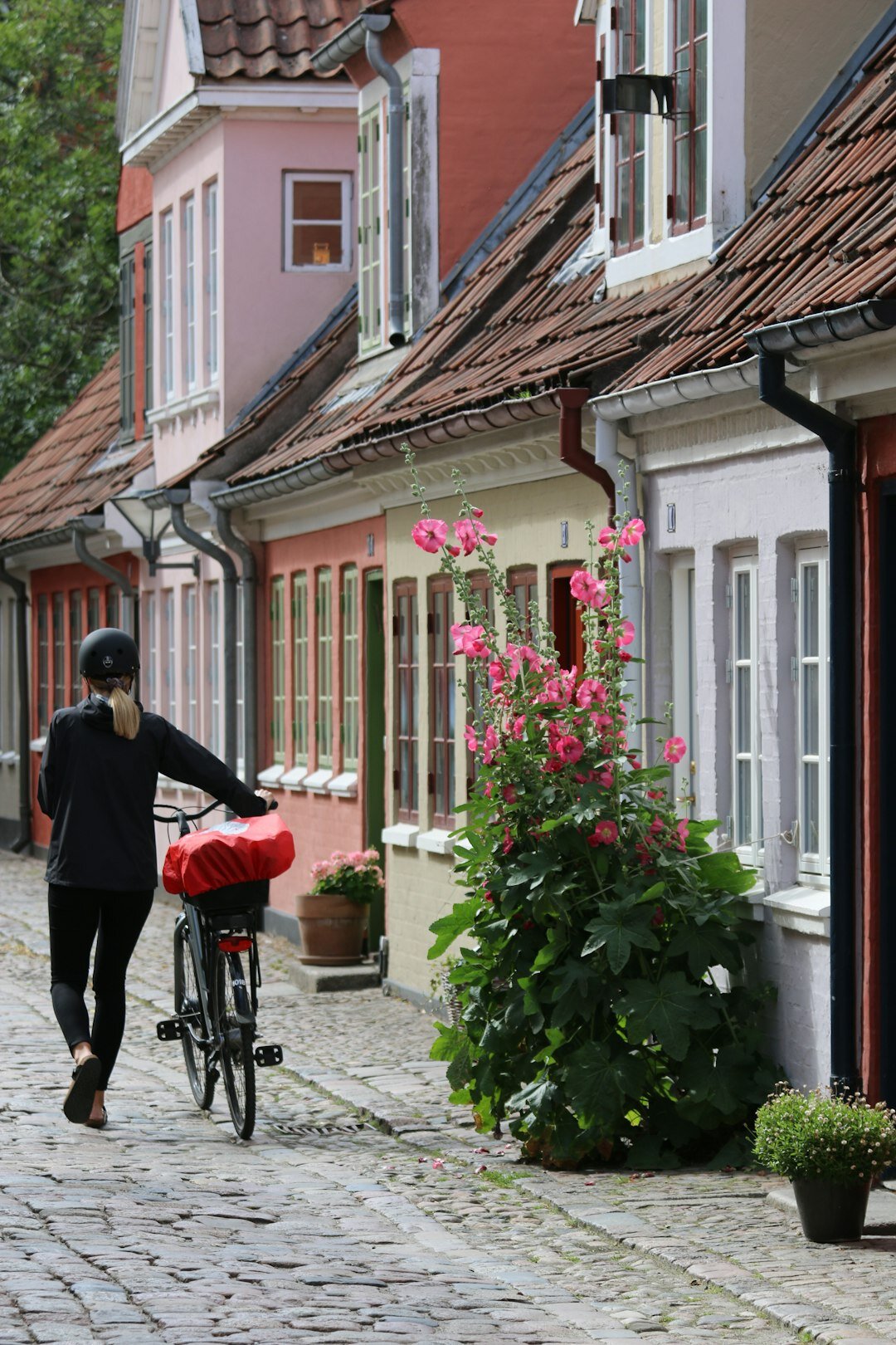 Historic colorful street in Odense, Denmark with pedestrians